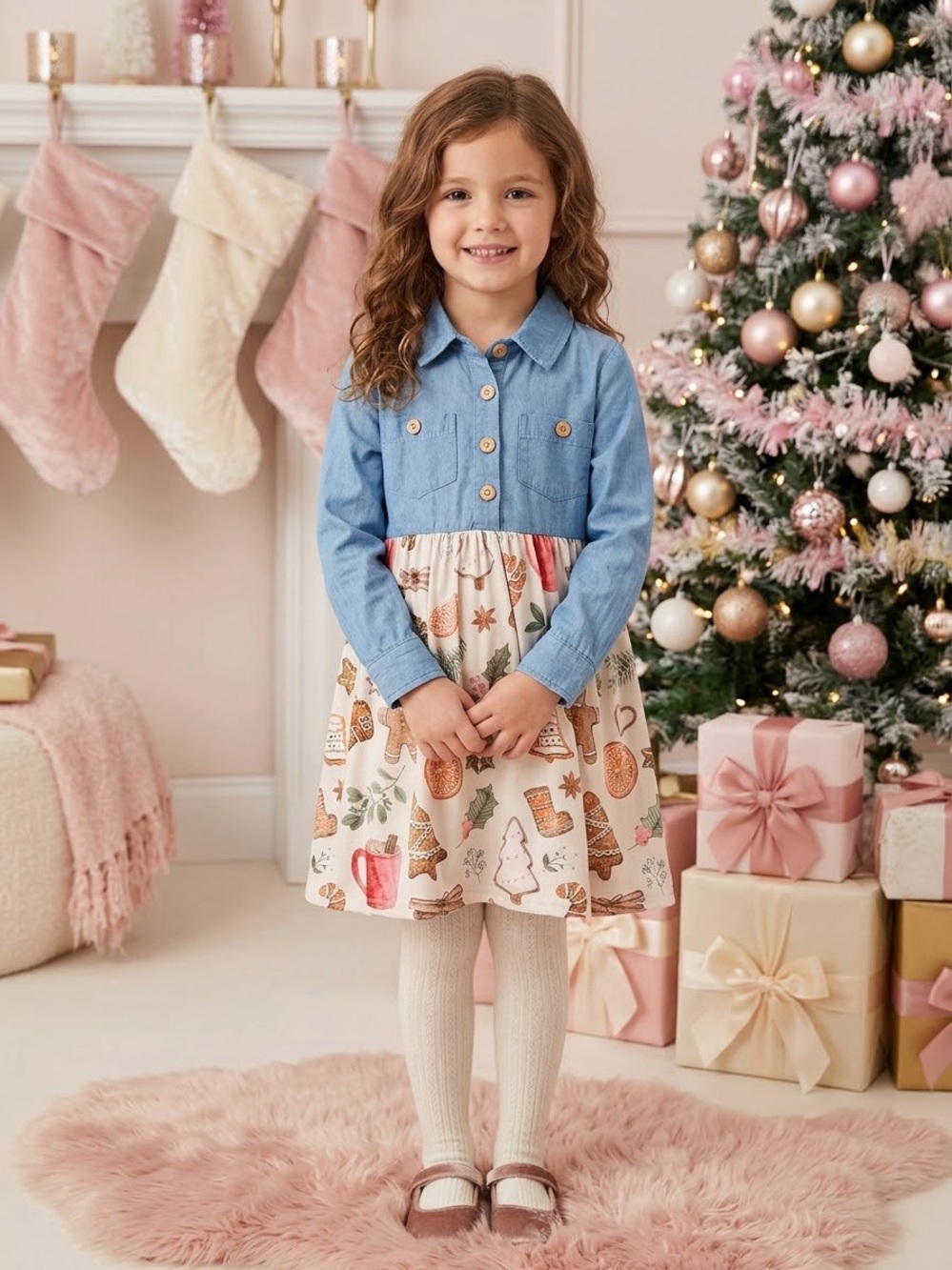 Marie Nicole Girls Gingerbread Denim Dress Size 6 (XXL)